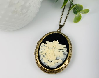 Ivory and Black Cameo Antique Brass Locket Necklace