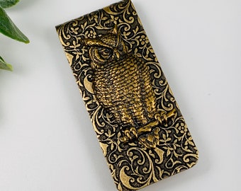 Antique Brass Embossed Victorian Filigree Owl Money Clip
