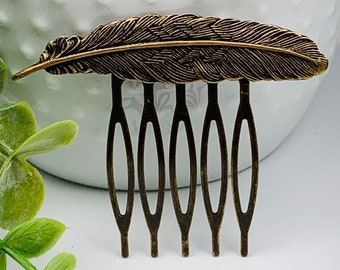 Antique Brass Feather Hair Comb