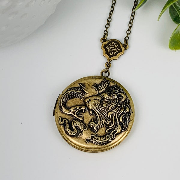 Antique Brass Lion and Serpent Locket Necklace