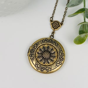 Antique Brass Sunflower Locket Necklace