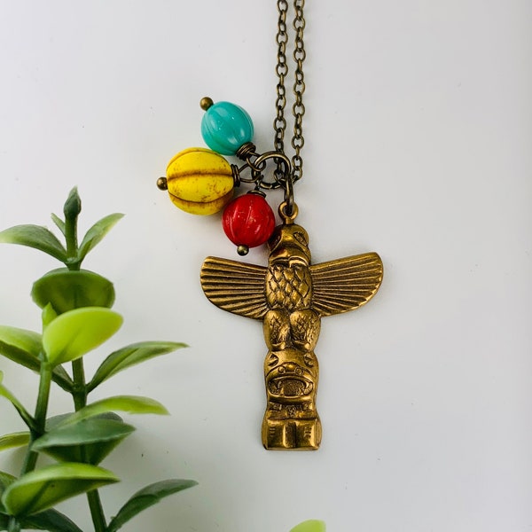 Spirit Totem Ethnic Tribal Antique Brass Native American Indian Thunderbird Totem Pole and Mustard Red Turquoise Melon Beads Necklace