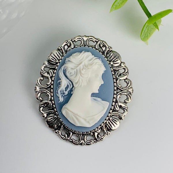 Antique Silver White and Blue Lady Cameo Brooch