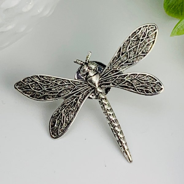 Antique Silver Dragonfly Tie Tack Lapel Pin Brooch