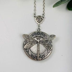 Antique Silver Dragonfly Locket Necklace