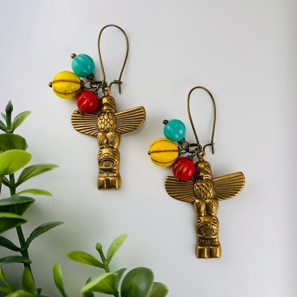 Spirit Totem Ethnic Tribal Antique Brass Native American Indian Thunderbird Totem Pole and Mustard Red Turquoise Melon Beads Earrings