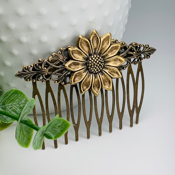 Antique Brass Filigree Sunflower Hair Comb