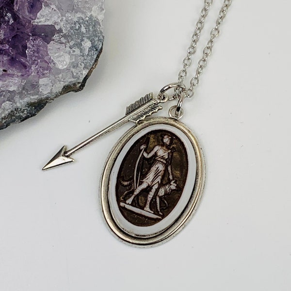 The Hunt Unique Greek Goddess Artemis the Hunter Vintage Cabochon in Antique Silver with Antique Silver Arrow Necklace