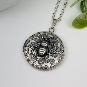 Antique Silver Bee Carved Locket Necklace