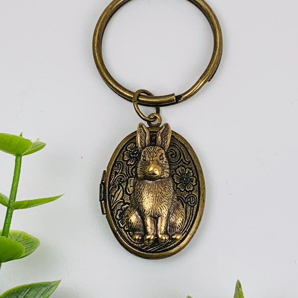Antique Brass Rabbit Locket Keychain