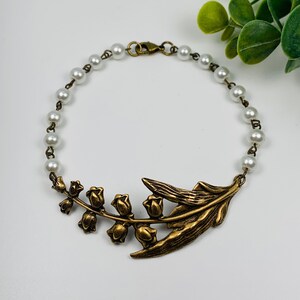 Antique Brass Lily of the Valley And faux Pearl Bracelet