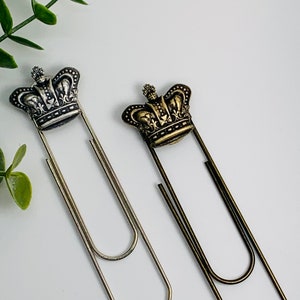 Antique Brass or Antique Silver Crown Paperclip Metal Bookmark