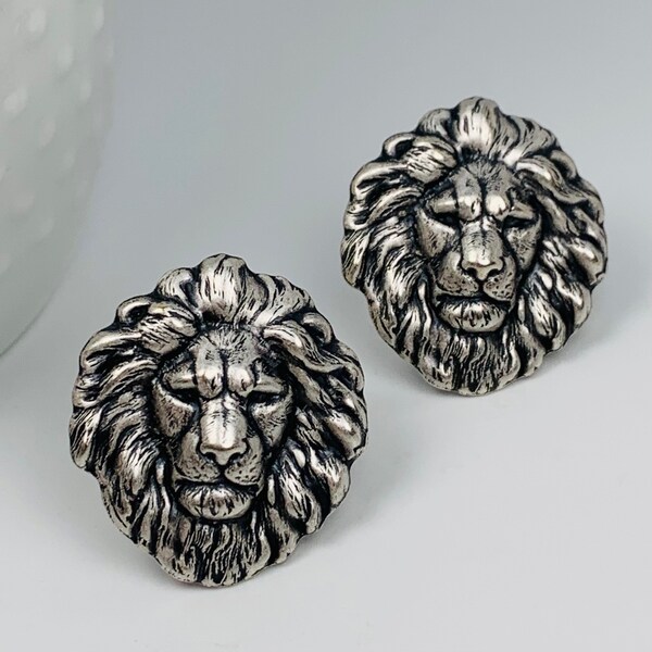 Antique Silver Lion Head Cuff Links Set of 2