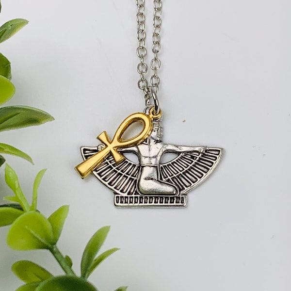 Luxor Antique Silver Winged Goddess Isis with Brass Ankh Charm Necklace