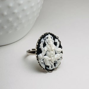 Ganesha Antique Silver Black and White Cameo Adjustable Ring