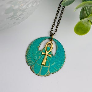 King Tutankhamen Egyptian Scarab Beetle with Verdigris Patina and Brass Ankh Necklace