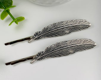 Antique Silver Feather Bobby Pins Set of 2