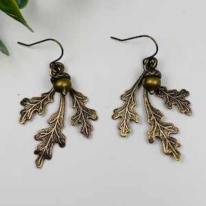 Autumn Antique Brass Oak Leaf with Antique Bronze Acorn Dangle Earrings