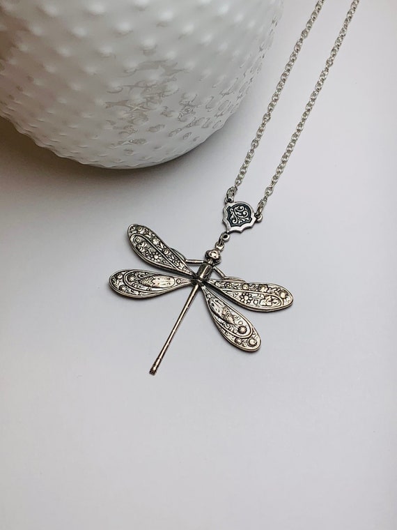 Antique Silver Dragonfly Necklace - image 2