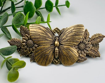 Antique Brass Butterfly and Sunflower Hair Clip/Barrette