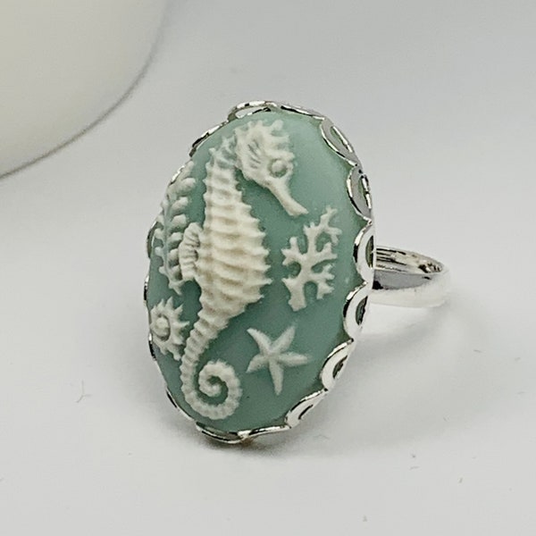 Nautical Seahorse Cameo Adjustable Ring