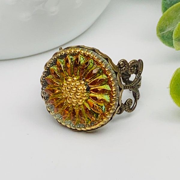 Vintage Golden Yellow Czech Glass  Button Adjustable Ring