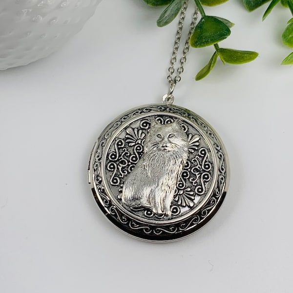 Antique Silver Kitty Cat Locket Necklace