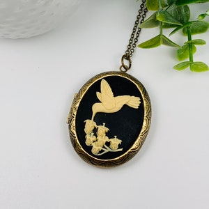 Hummingbird Cameo Antique Brass Locket Necklace