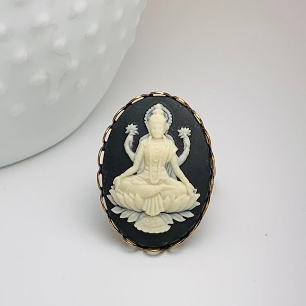 Hindu Goddess Lakshmi in Lotus Flower Cameo Adjustable Ring