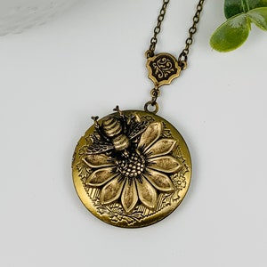 Antique Brass Sunflower with Bee Locket Necklace
