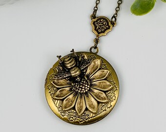 Antique Brass Sunflower with Bee Locket Necklace