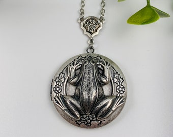 Antique Silver Frog Locket Necklace