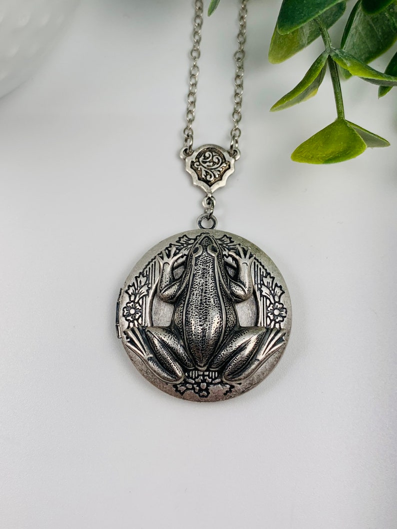 Antique Silver Frog Locket Necklace image 1