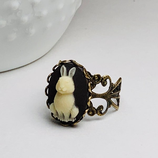 Rabbit Cameo on Antique Brass Filigree Adjustable Ring