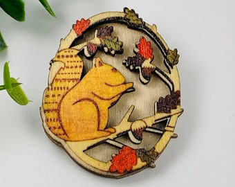 Woodland Hand Carved Wooden Squirrel Brooch