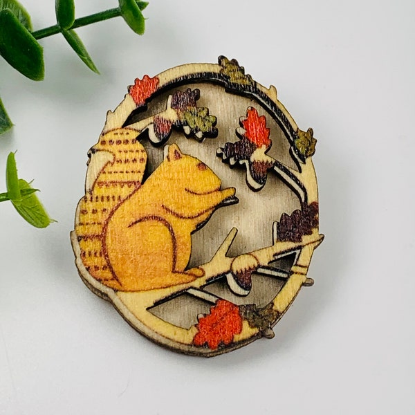 Woodland Hand Carved Wooden Squirrel Brooch