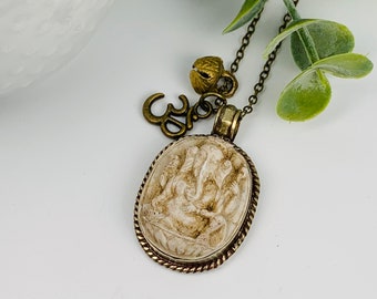 The Great White Elephant Genuine Carved Stone Ganesh Elephant Buddha Amulet Talisman with Vintage Brass Bell Necklace