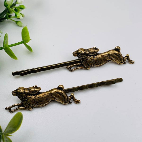 Antique Brass Running Rabbit Bobby Pins Set of 2