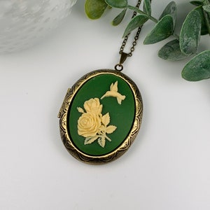 Hummingbird Cameo Antique Brass Locket Necklace