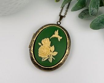 Hummingbird Cameo Antique Brass Locket Necklace