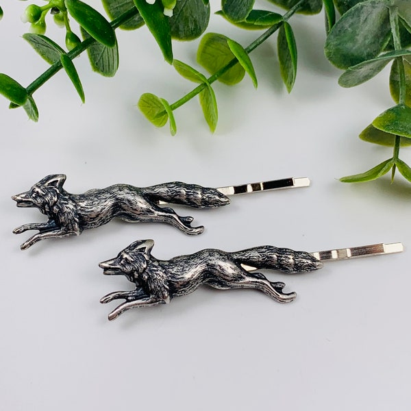 Antique Silver Running Fox Bobby Pins Set of 2