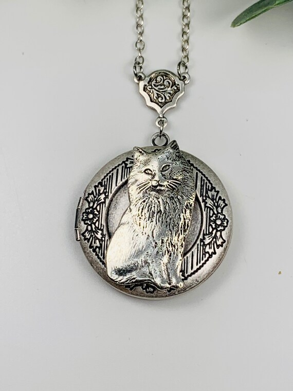 Antique Silver Cat Locket Necklace