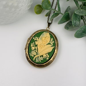 Lily of the Valley Cameo Antique Brass Locket Necklace