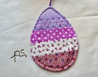 Purple Flowers Dots and Gingham Egg Shaped Potholder or Mug Rug pink ribbon hangar vs Dogs Dressed as Bunnies