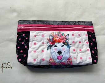 Happy Huskie Patchwork Dots and Flowers Pouch - Huskie Quilted School Supplies Pouch