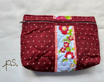 Loralie Flowers and Tiny Gold Squares on Dark Red Quilted Pouch - Flowers and Squares Quilted Travel Case