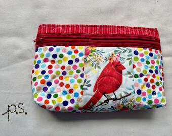 Spring Flowers and Cardinal with Colorful Dots Pouch -  Patchwork Cardinal and All Kinds of Dots Quilted School Supplies Pouch