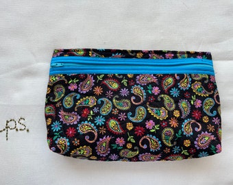 Bright Colorful Paisley on Black Quilted Makeup Pouch - Modern Paisley School Supplies Case