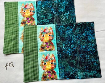 Floral Orange Cat vs Rows of Green Paisley Placemats - Reversible Quilted Placemat Pair