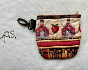 School House Coin Pouch - Quilted School Key Chain Zippered Pouch